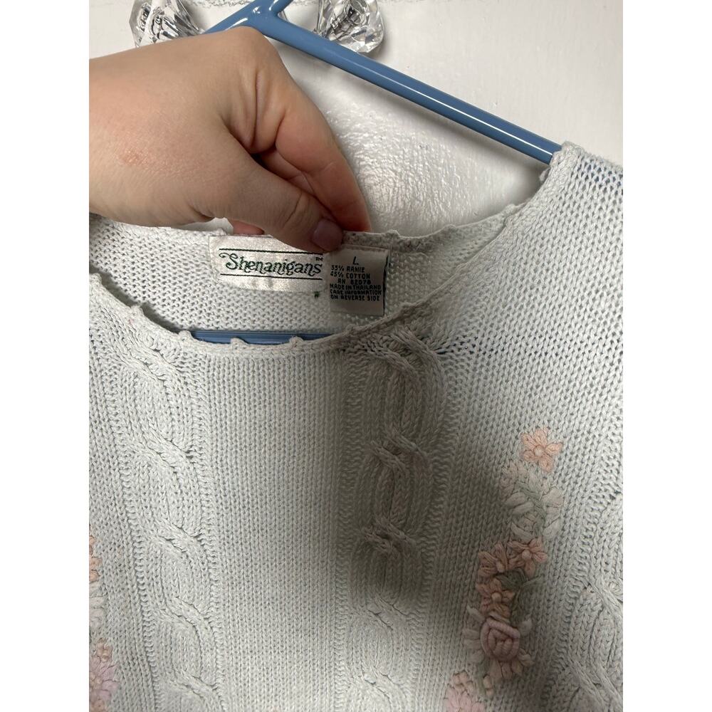 VTG Shenanigans White Short Sleeve Cable Knit Girly Rosette Coquette Sweater L - Picture 4 of 6
